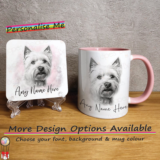 Personalised Sketched West Highland Terrier 11oz Ceramic Mug & Coaster Set