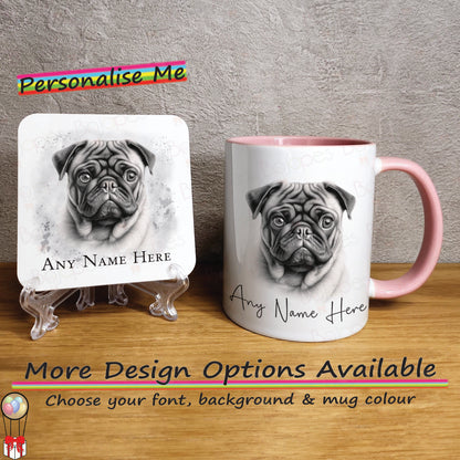 Personalised Sketched Pug 11oz Ceramic Mug & Coaster Set