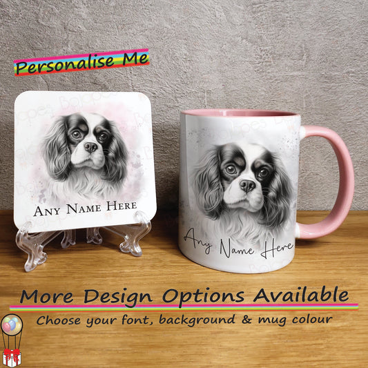 Personalised Sketched King Charles Cavlier 11oz Ceramic Mug & Coaster Set