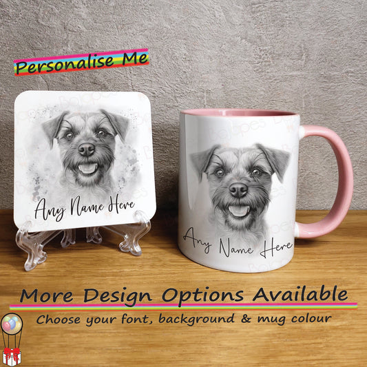 Personalised Sketched Border Terrier 11oz Ceramic Mug & Coaster Set