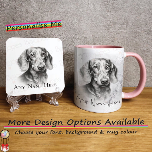 Personalised Sketched Daschund 11oz Ceramic Mug & Coaster Set