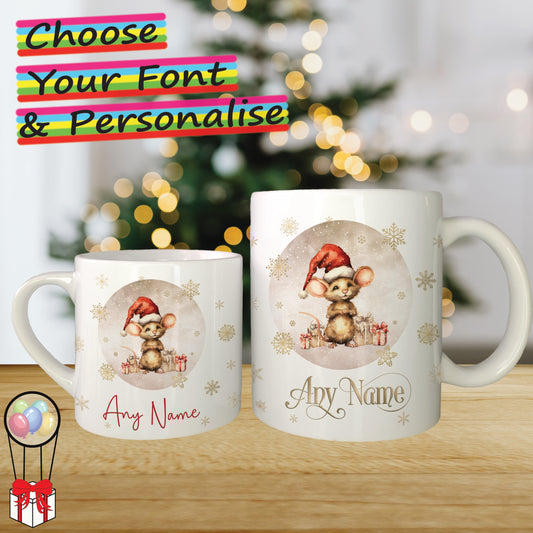 Mouse with Gifts Personalised Christmas Mug for Kids - Hot Chocolate Mug with Name