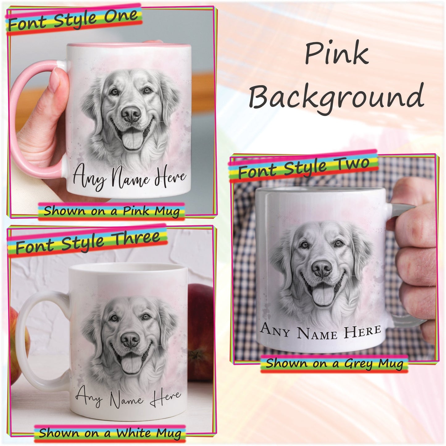 Custom Golden Retriever Mug, Sketched Personalised Dog Mug & Coaster Set