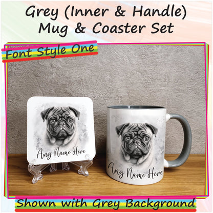 Custom Sketched Dog Mug, Personalised Pug Mug & Coaster Set