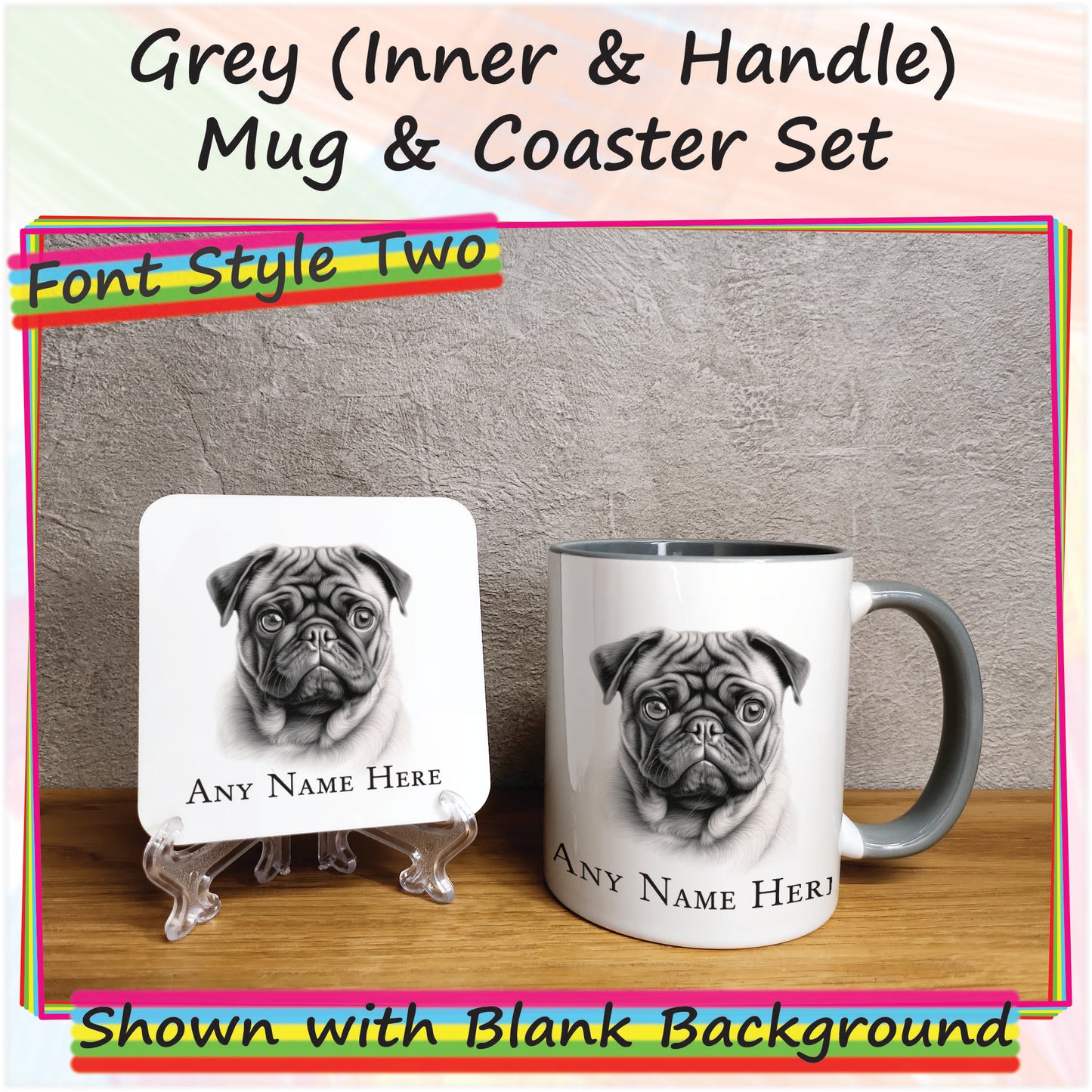 Personalised Sketched Pug 11oz Ceramic Mug & Coaster Set