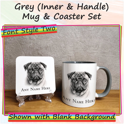 Custom Sketched Dog Mug, Personalised Pug Mug & Coaster Set