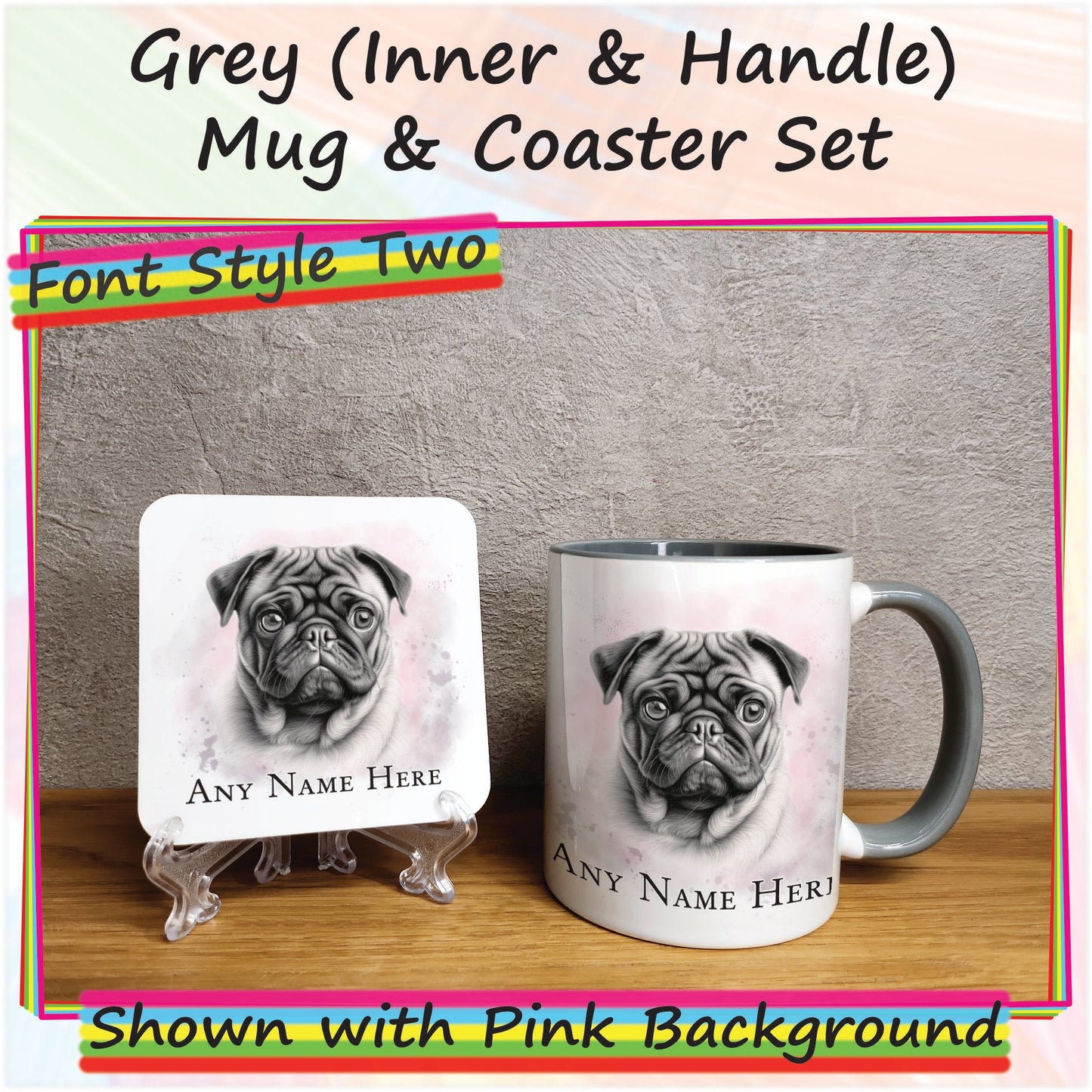 Custom Sketched Pug Mug & Coaster Set, Personalised Dog Mug