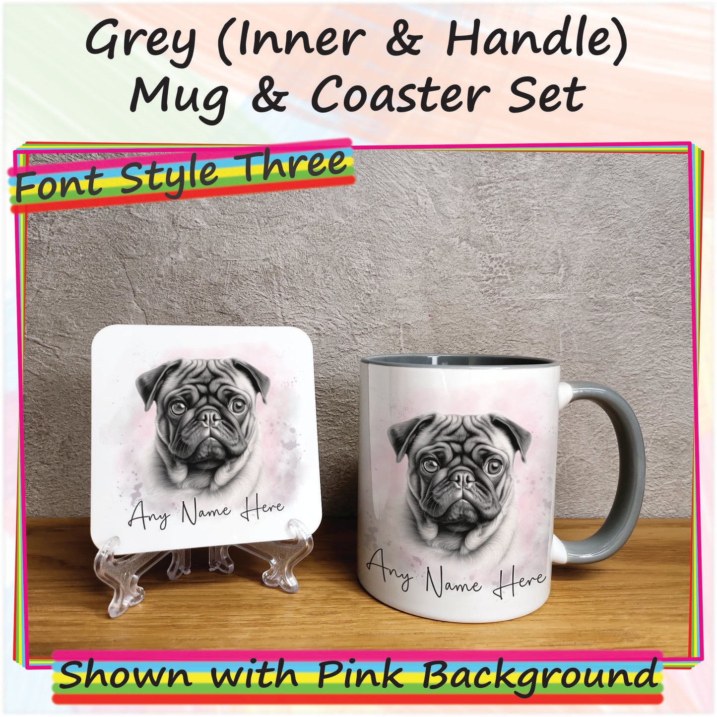 Personalised Sketched Pug 11oz Ceramic Mug & Coaster Set