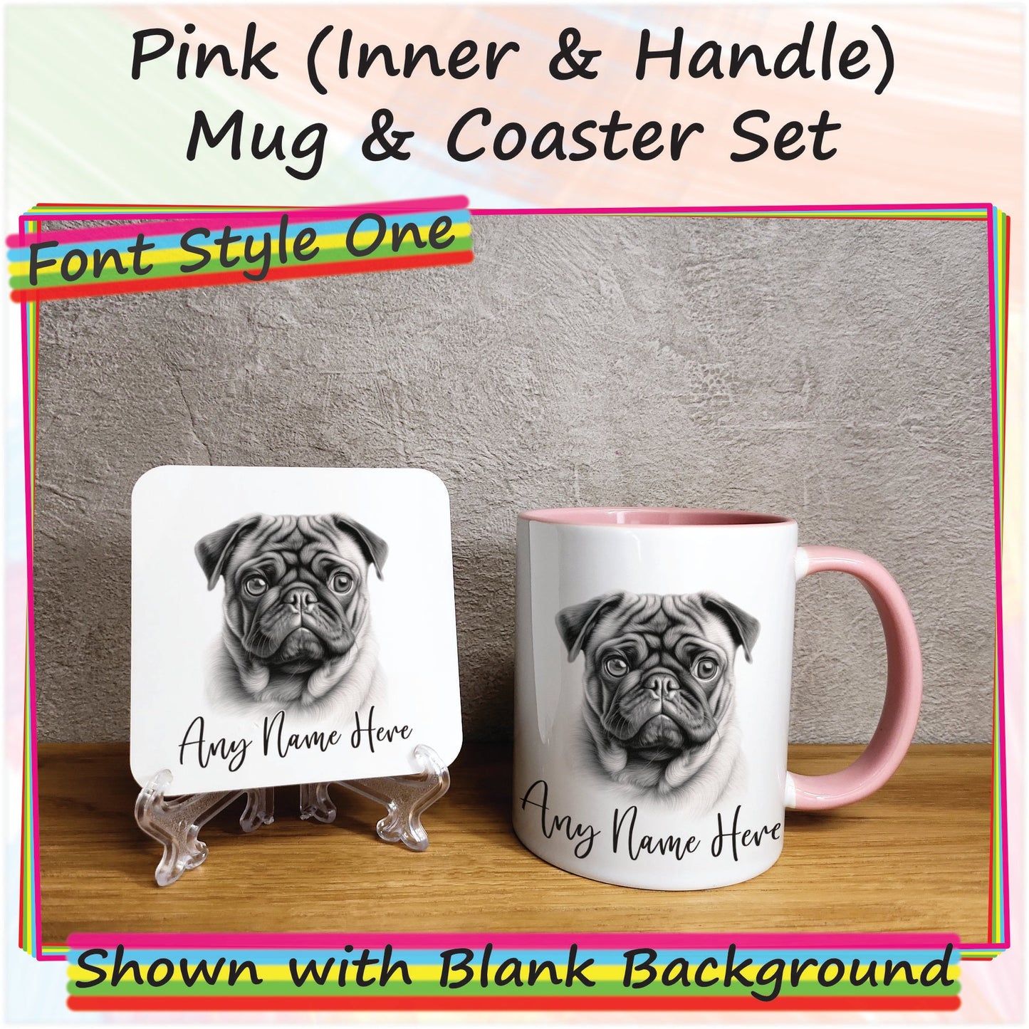 Custom Sketched Pug Mug & Coaster Set, Personalised Dog Mug