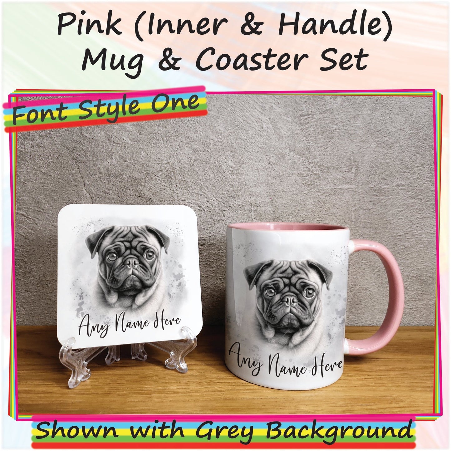 Custom Sketched Dog Mug, Personalised Pug Mug & Coaster Set