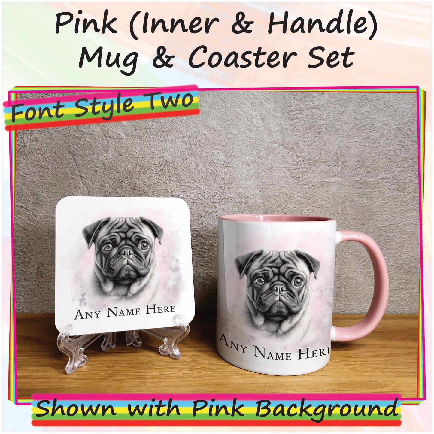 Custom Sketched Pug Mug & Coaster Set, Personalised Dog Mug