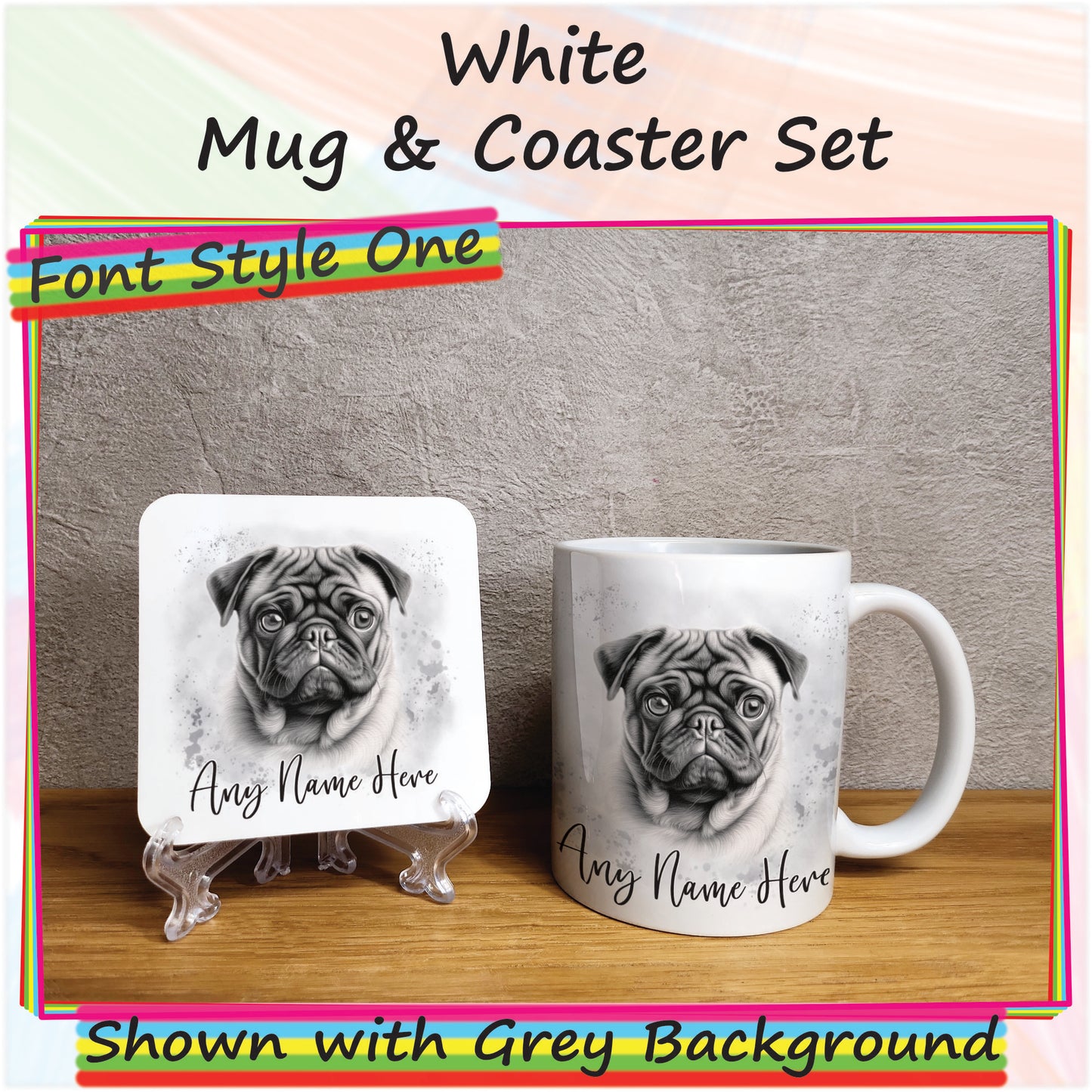 Personalised Sketched Pug 11oz Ceramic Mug & Coaster Set