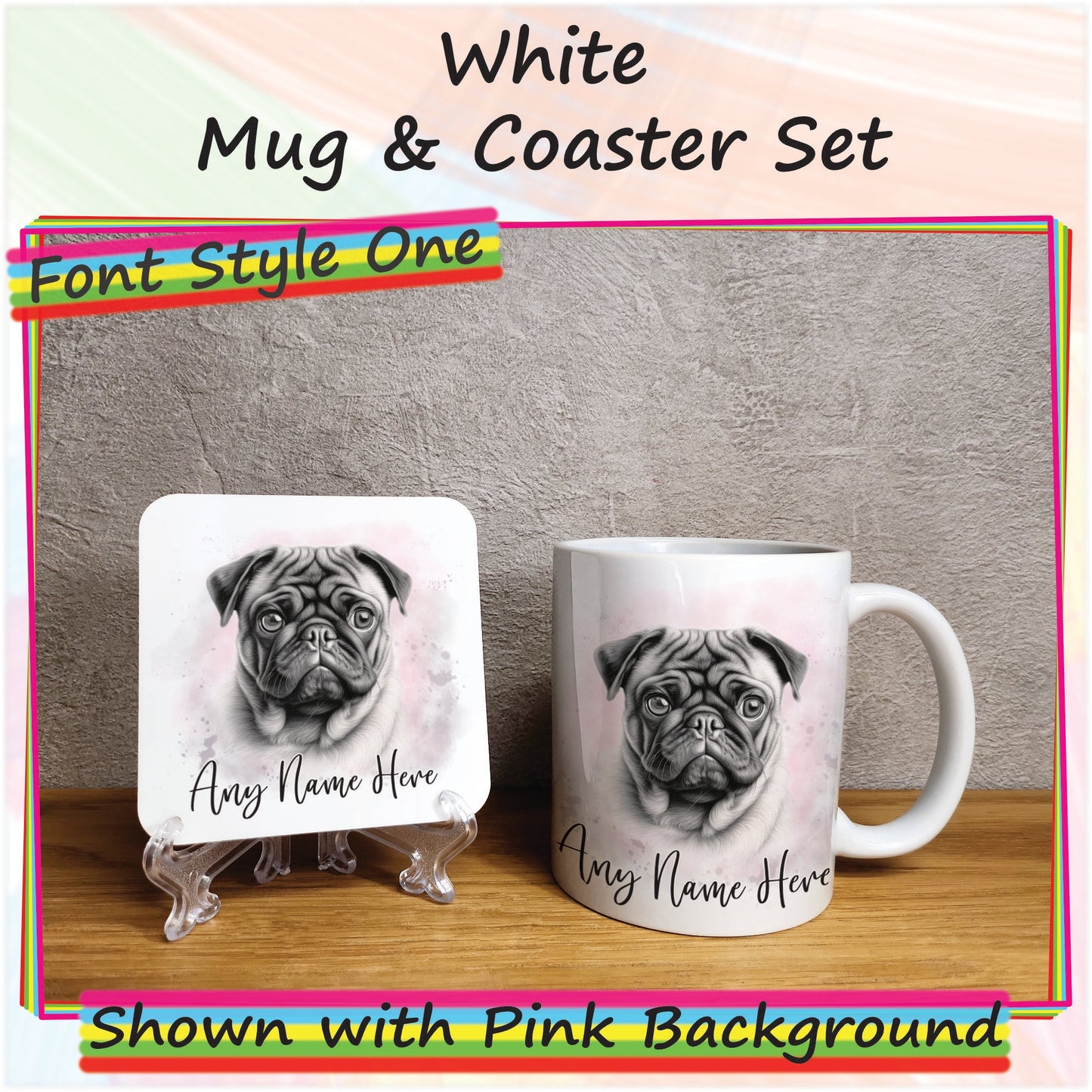 Custom Sketched Pug Mug & Coaster Set, Personalised Dog Mug