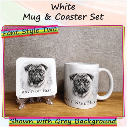 Personalised Sketched Pug 11oz Ceramic Mug & Coaster Set