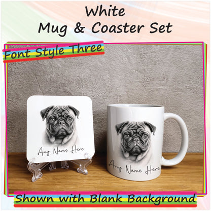 Custom Sketched Dog Mug, Personalised Pug Mug & Coaster Set