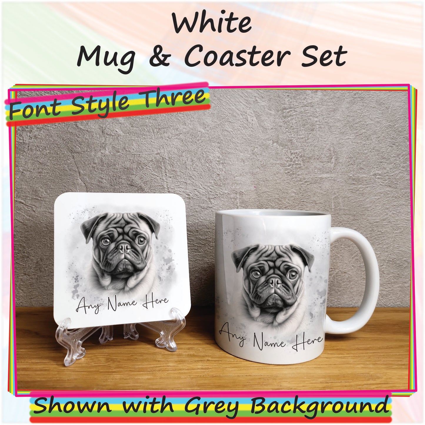 Personalised Sketched Pug 11oz Ceramic Mug & Coaster Set