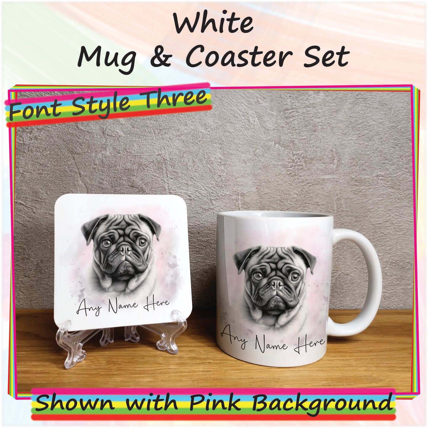 Personalised Sketched Pug 11oz Ceramic Mug & Coaster Set