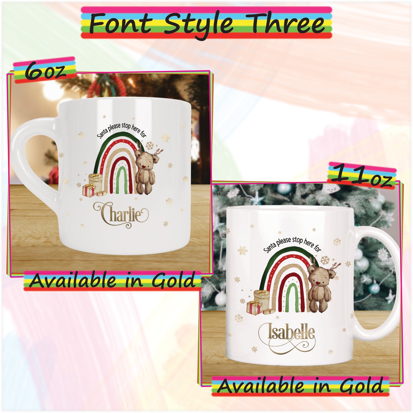 Reindeer Rainbow Personalised Christmas Mug for Kids - Hot Chocolate Mug with Name