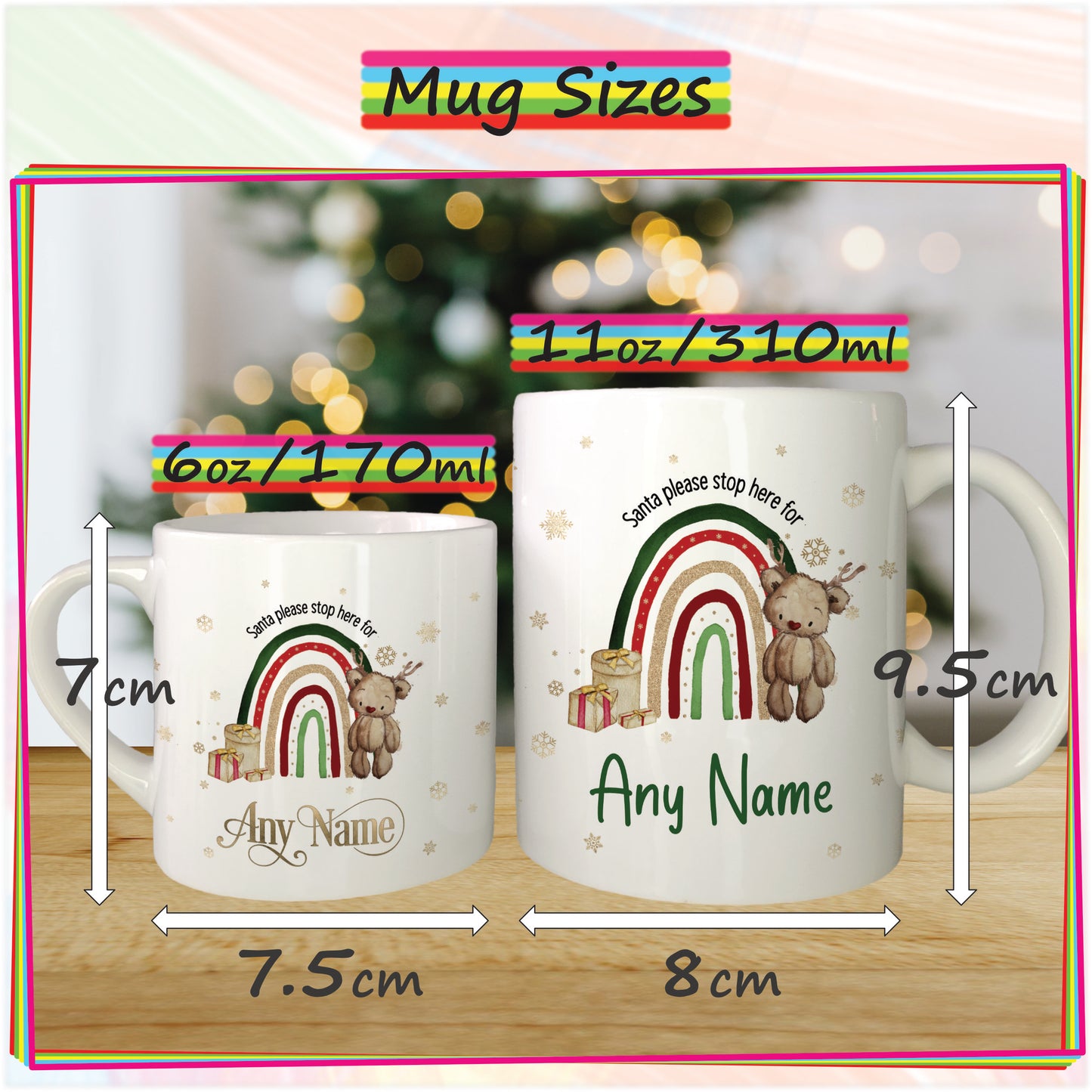 Reindeer Rainbow Personalised Christmas Mug for Kids - Hot Chocolate Mug with Name