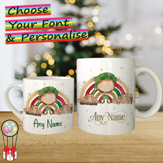 Boy Elf Personalised Christmas Mug for Kids - Hot Chocolate Mug with Name