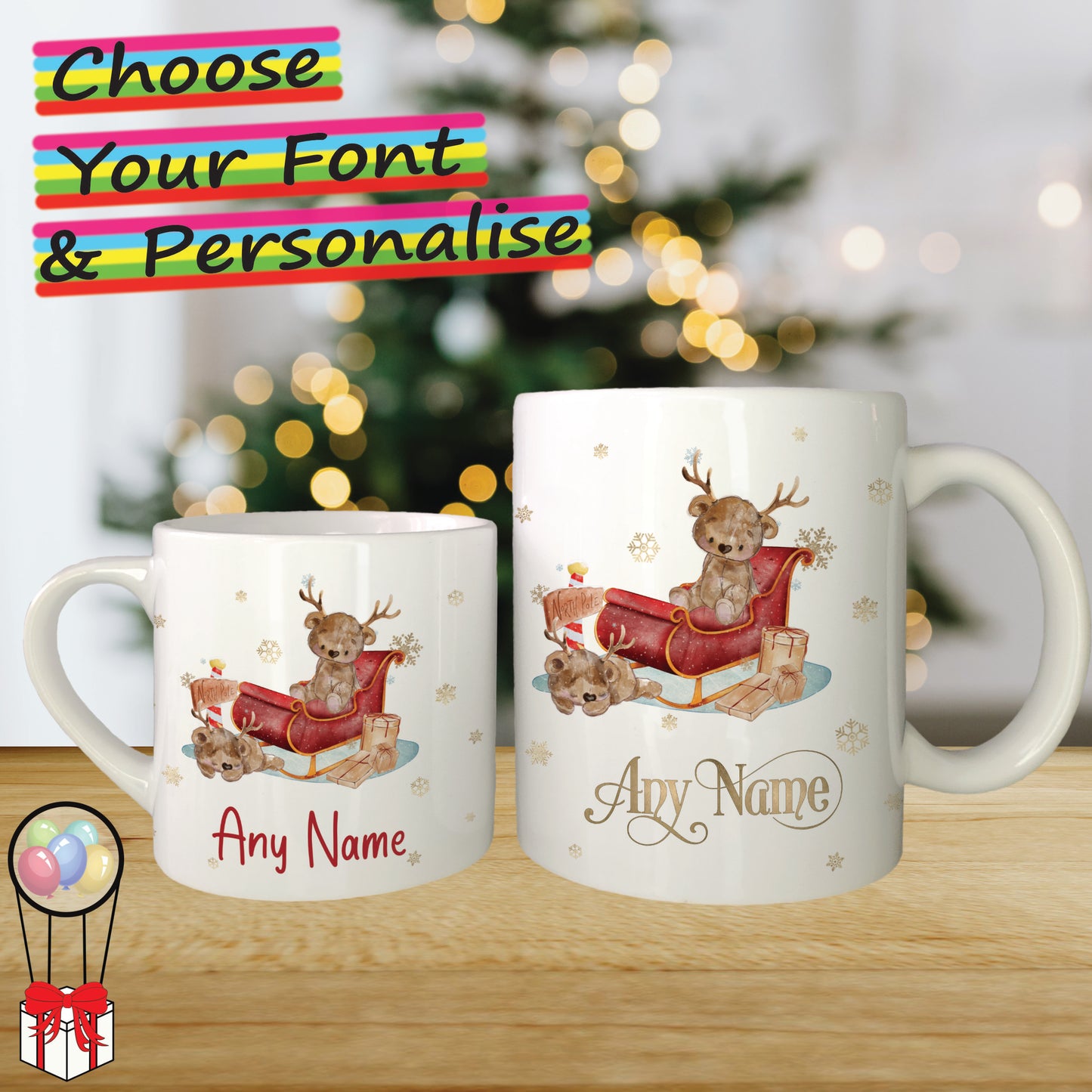 Reindeer Bear Christmas Mug for Kids - Hot Chocolate Mug with Name