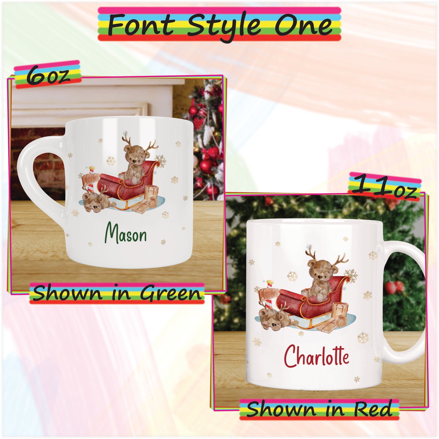 Reindeer Bear Christmas Mug for Kids - Hot Chocolate Mug with Name