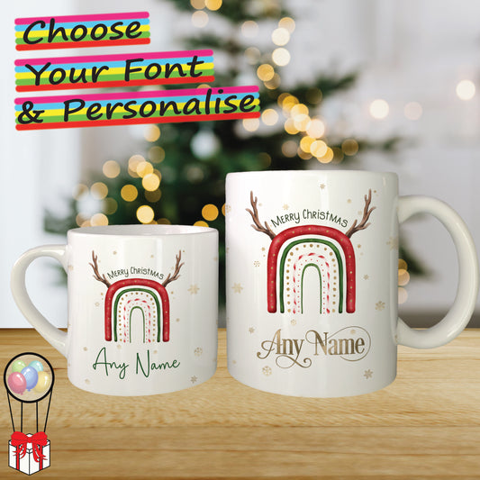 Reindeer Rainbow Personalised Christmas Mug for Kids - Hot Chocolate Mug with Name