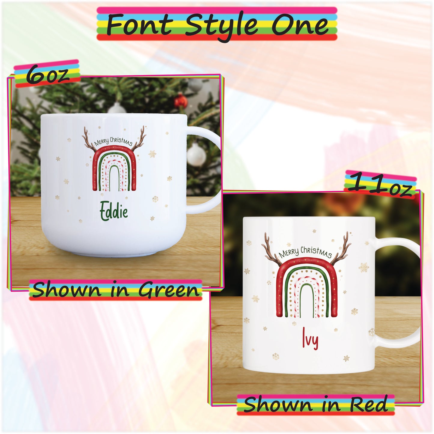 Reindeer Rainbow Personalised Unbreakable Christmas Mug for Kids - Hot Chocolate Mug with Name