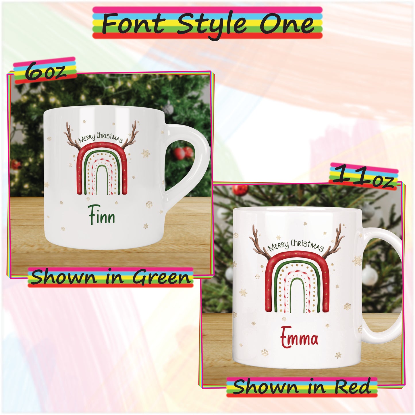 Reindeer Rainbow Personalised Christmas Mug for Kids - Hot Chocolate Mug with Name