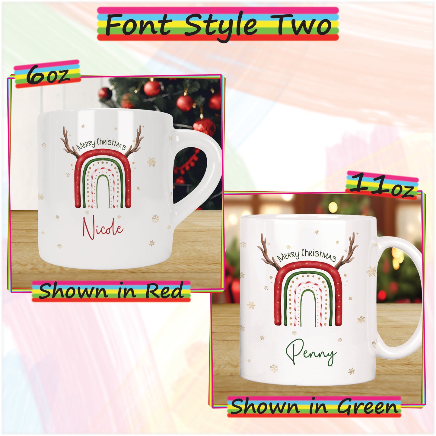 Reindeer Rainbow Personalised Christmas Mug for Kids - Hot Chocolate Mug with Name