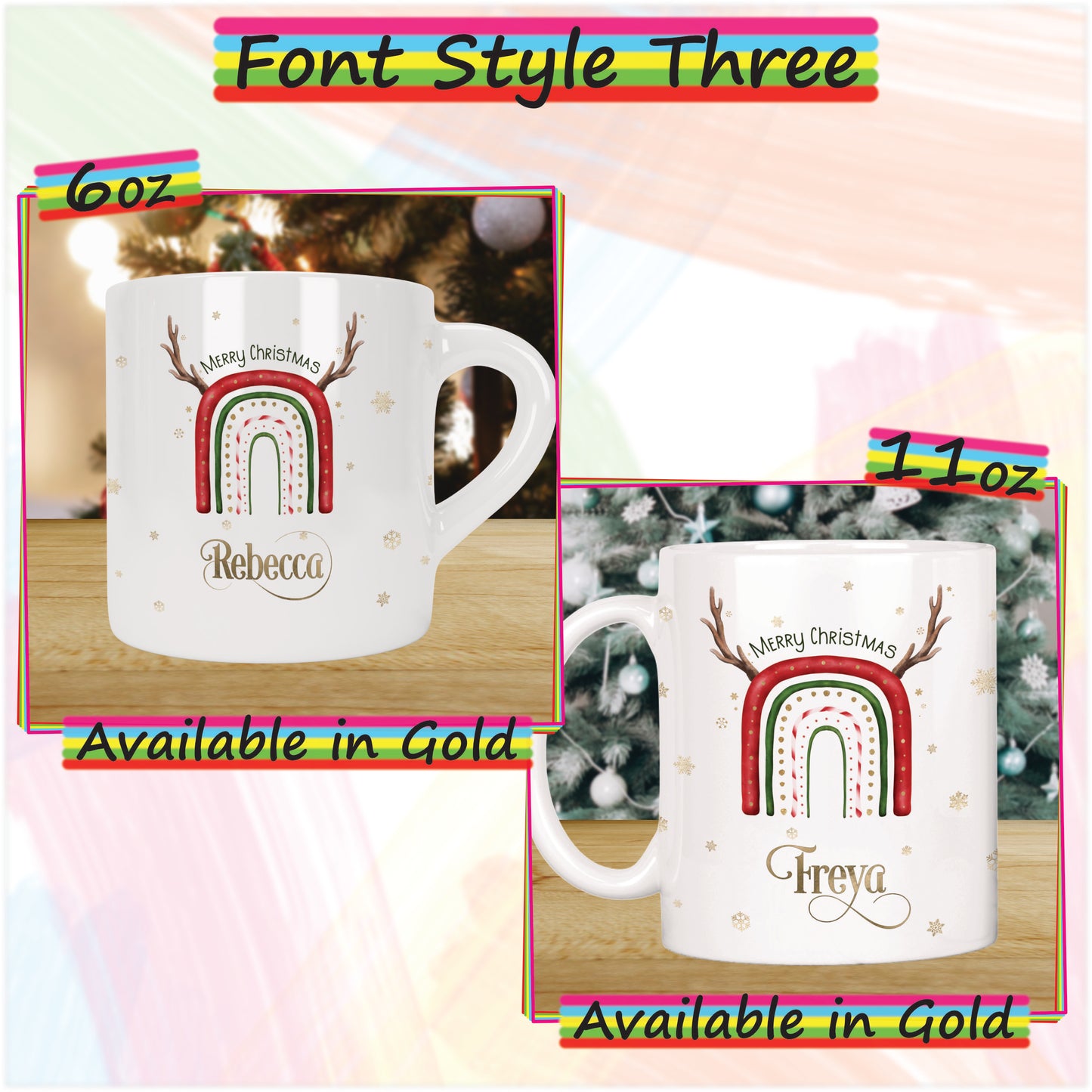 Reindeer Rainbow Personalised Christmas Mug for Kids - Hot Chocolate Mug with Name