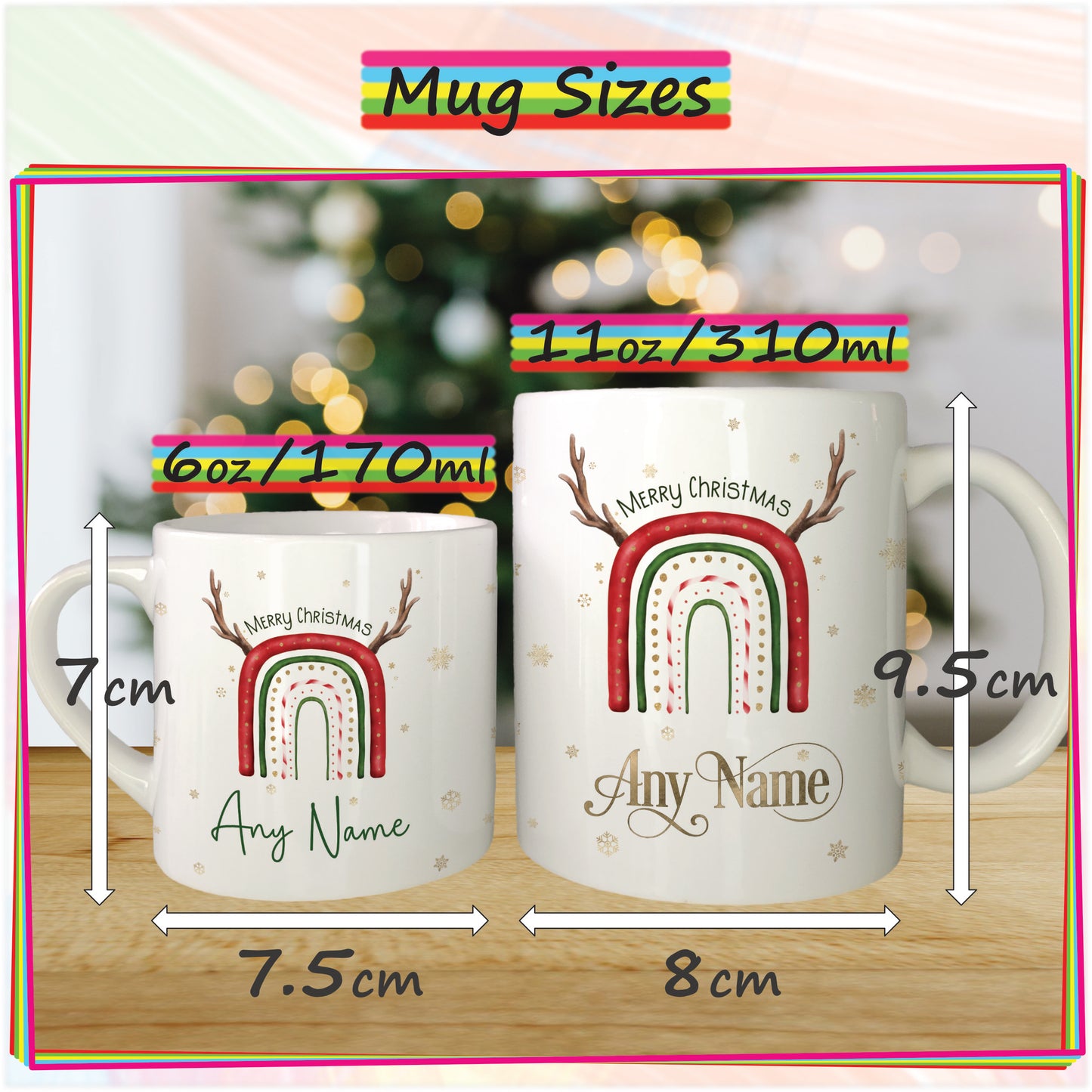 Reindeer Rainbow Personalised Christmas Mug for Kids - Hot Chocolate Mug with Name