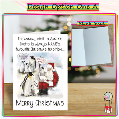 Personalised Santa's Grotto Christmas Card - Funny Penguin Seasonal Greetings Card