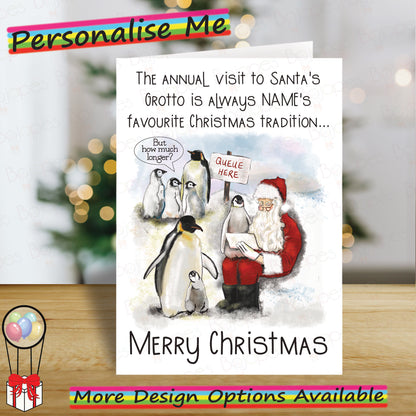 Personalised Santa's Grotto Christmas Card - Funny Penguin Seasonal Greetings Card