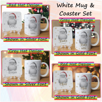 Personalised Santa Christmas Mug and Coaster Set - Custom Sketch Drawn Hot Chocolate Mug