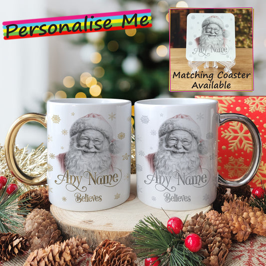 Personalised Jolly Santa Christmas Mug and Coaster Set - Custom Sketch Drawn Hot Chocolate Mug