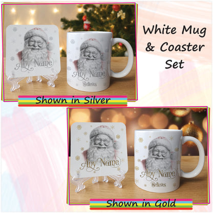 Personalised Jolly Santa Christmas Mug and Coaster Set - Custom Sketch Drawn Hot Chocolate Mug