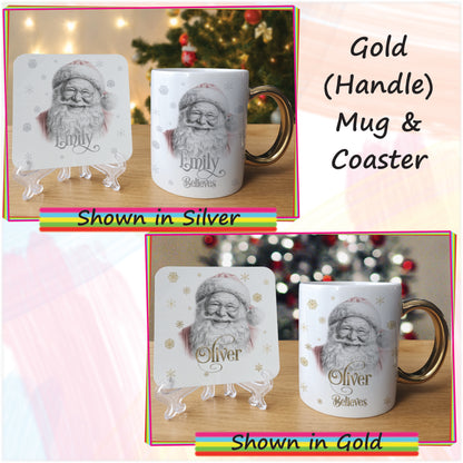 Personalised Jolly Santa Christmas Mug and Coaster Set - Custom Sketch Drawn Hot Chocolate Mug