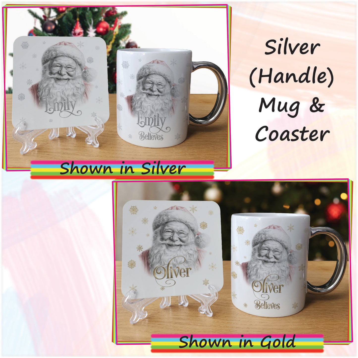 Personalised Jolly Santa Christmas Mug and Coaster Set - Custom Sketch Drawn Hot Chocolate Mug