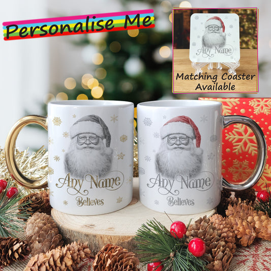 Personalised Santa Christmas Mug and Coaster Set - Custom Sketch Drawn Hot Chocolate Mug