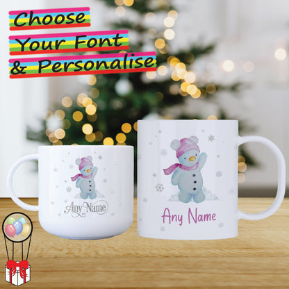 Girl Snowman Unbreakable Personalised Kids Christmas Mug - Hot Chocolate Mug with Name