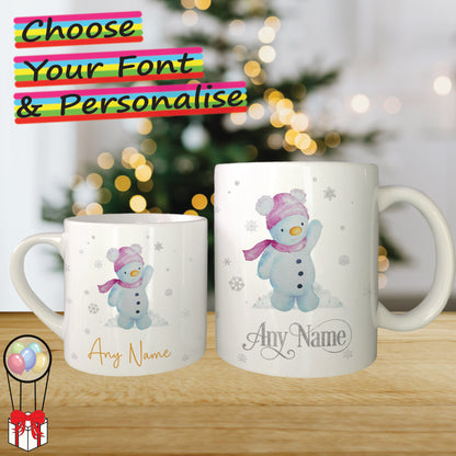 Girl Snowman Personalised Christmas Mug for Kids - Hot Chocolate Mug with Name