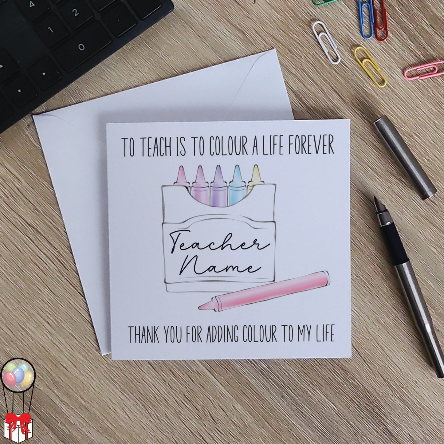 Personalised Teacher Thank You Card - Hand Drawn Crayon Box