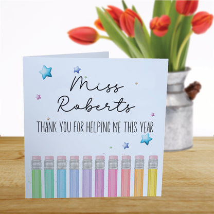 Personalised Teacher Thank You Card - Pencil Tops