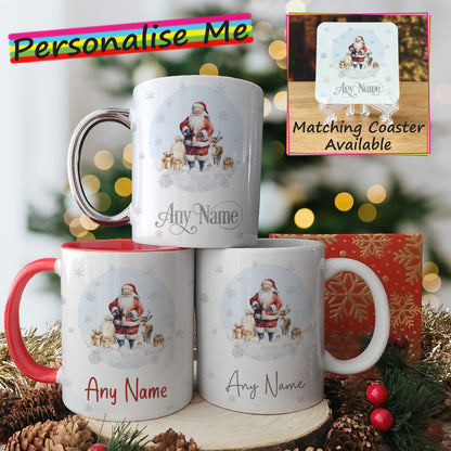 Traditional Santa Father Christmas Mug and Coaster Set - Hot Chocolate Mug with Name