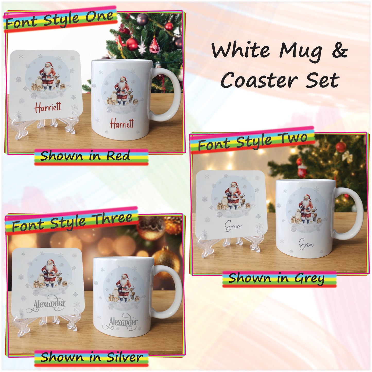 Traditional Santa Father Christmas Mug and Coaster Set - Hot Chocolate Mug with Name