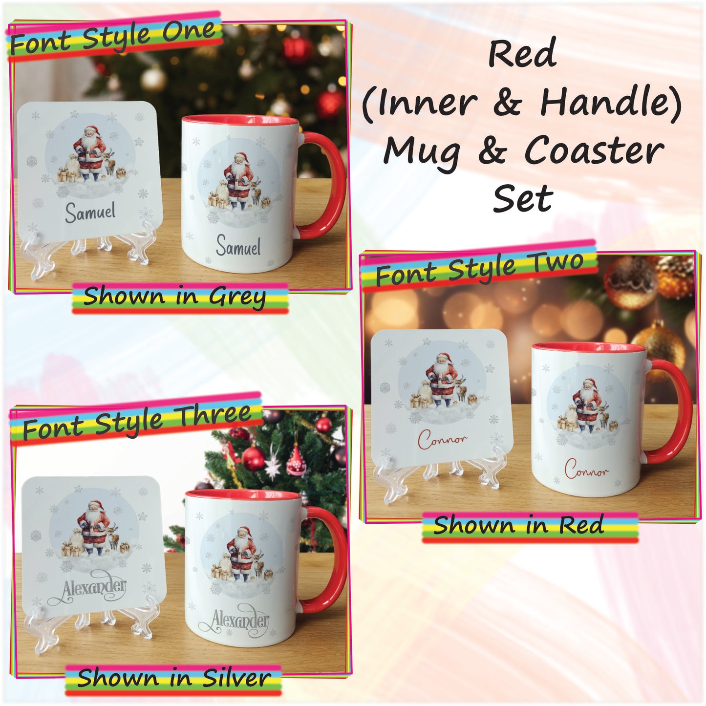 Traditional Santa Father Christmas Mug and Coaster Set - Hot Chocolate Mug with Name