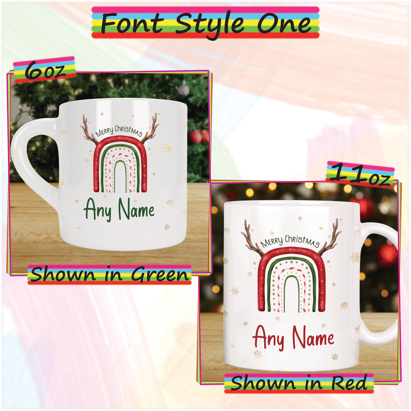 Reindeer Rainbow Personalised Christmas Mug for Kids - Hot Chocolate Mug with Name